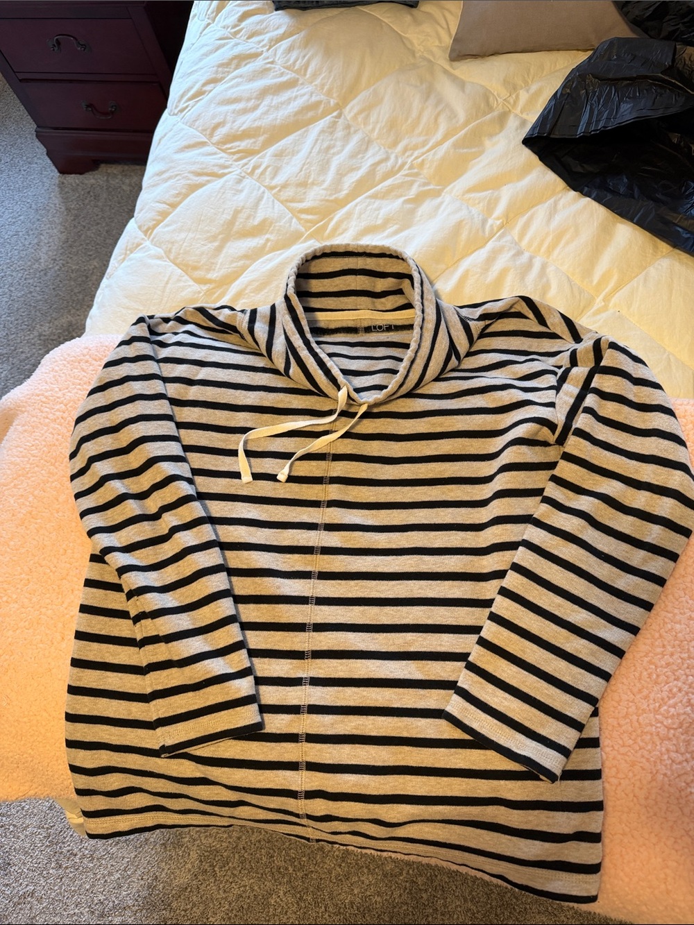 LOFT Striped Black and Cream Funnel Neck Sweatshirt